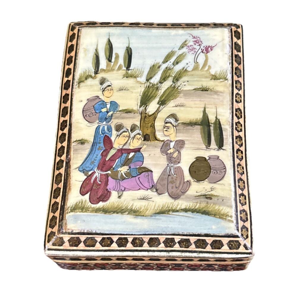 Vintage Persian Khatam Trinket Box Hand Painted Moorish Mosaic Inlay 4.25”x3.25”